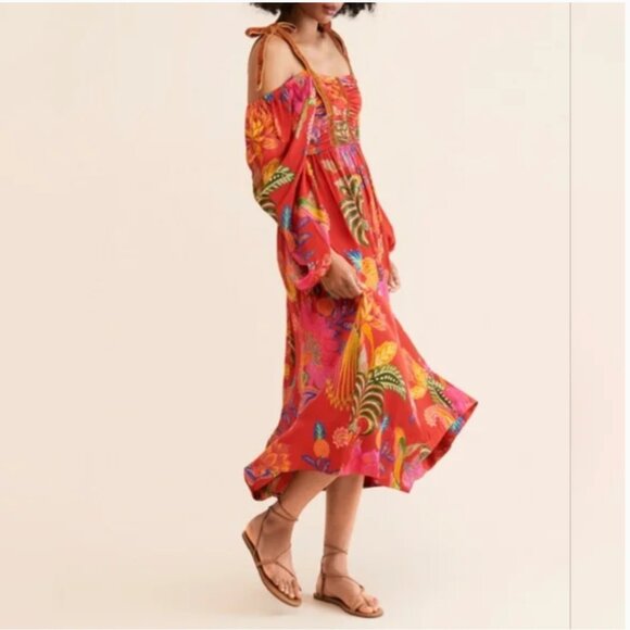 Farm Rio Mystic Bush Midi Boho Cold Shoulders Tropical Dress size XS - Picture 3 of 10